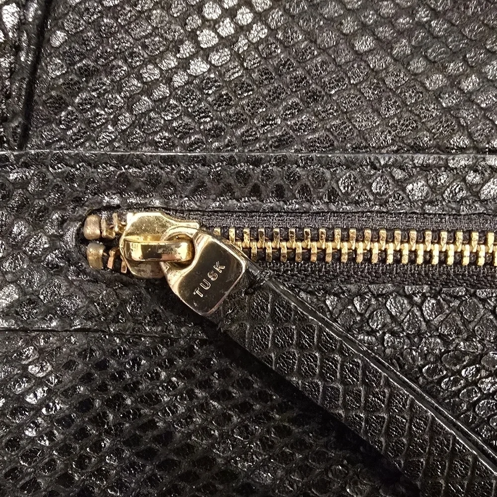 TUSK Small Gotham Snake Skin Leather Black Adj Strap Top Security Snap Backpack.